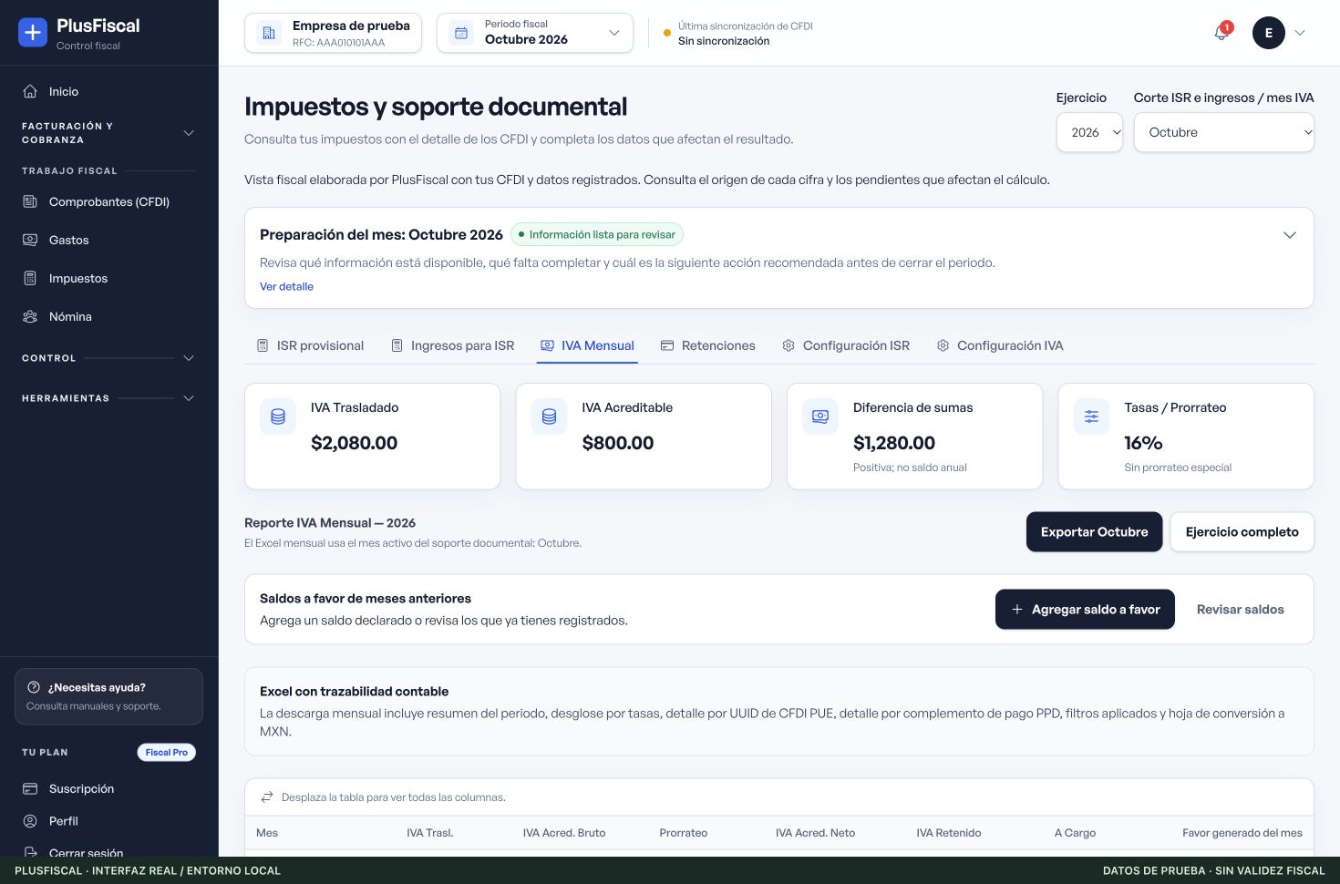 Interfaz real de PlusFiscal: Ve cómo va tu IVA. Datos sintéticos de prueba, sin validez fiscal.