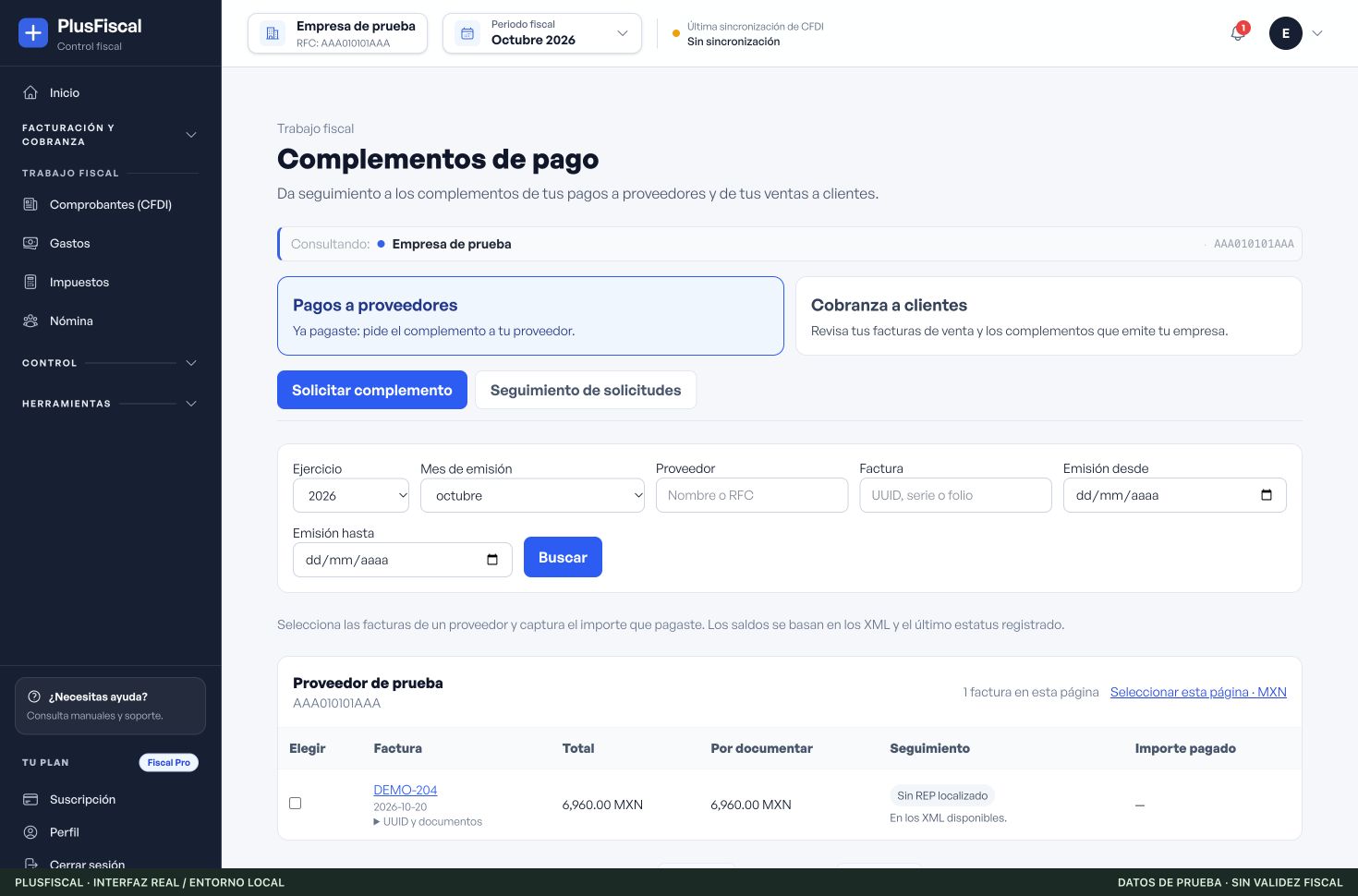 Interfaz real de PlusFiscal: Ubica el REP que falta. Datos sintéticos de prueba, sin validez fiscal.
